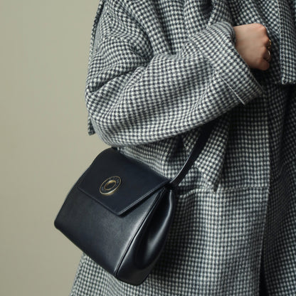 Celine Vintage Black Leather Celine Ring Logo Crossbody Shoulder Bag