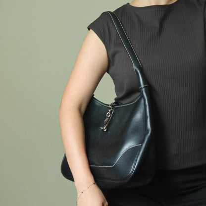 Hermes Vintage Black Grained Leather Trim II 31 Silver Hardware Shoulder Bag