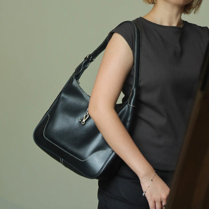 Hermes Vintage Black Grained Leather Trim II 31 Silver Hardware Shoulder Bag