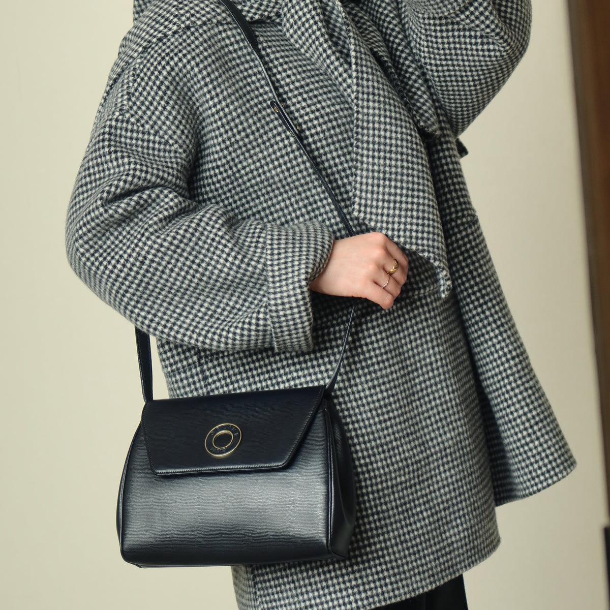 Celine Vintage Black Leather Celine Ring Logo Crossbody Shoulder Bag