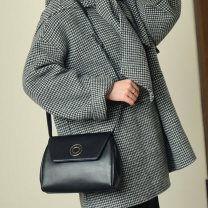 Celine Vintage Black Leather Celine Ring Logo Crossbody Shoulder Bag