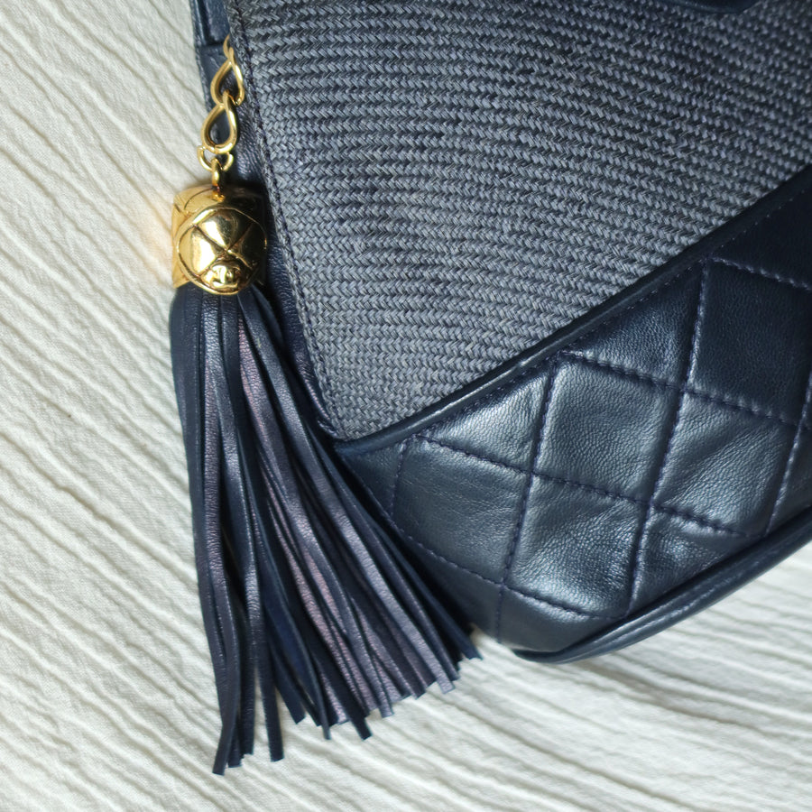 Vintage Chanel Dark Navy Lambskin Raffia Woven Diamond stitched CC mark Flap Bag