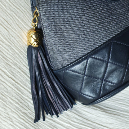 Vintage Chanel Dark Navy Lambskin Raffia Woven Diamond stitched CC mark Flap Bag