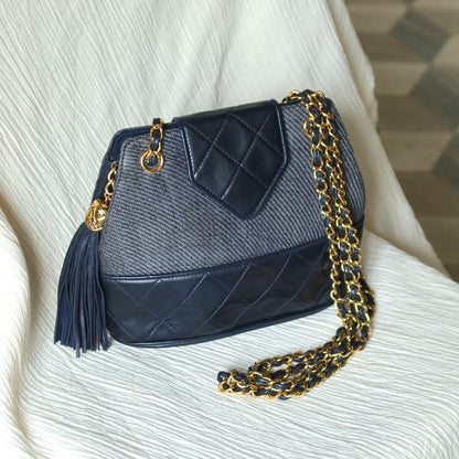Vintage Chanel Dark Navy Lambskin Raffia Woven Diamond stitched CC mark Flap Bag