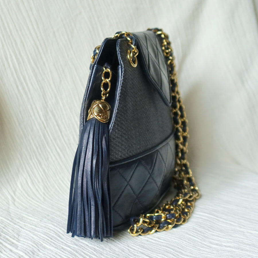 Vintage Chanel Dark Navy Lambskin Raffia Woven Diamond stitched CC mark Flap Bag