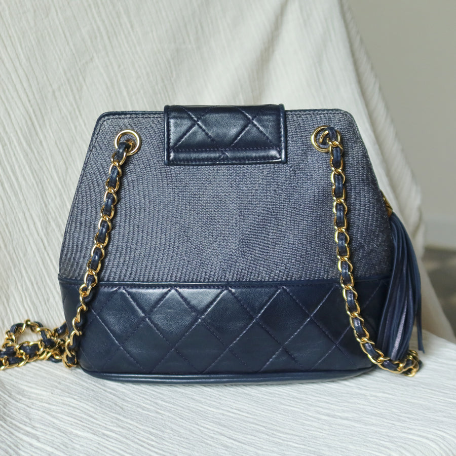 Vintage Chanel Dark Navy Lambskin Raffia Woven Diamond stitched CC mark Flap Bag