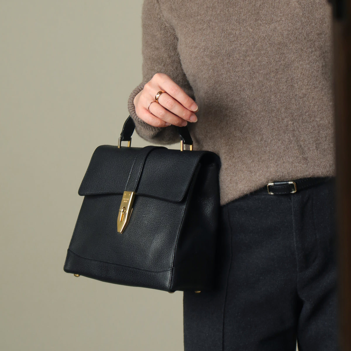 Celine Vintage Black Gold Turn lock Top Handle 2way Shoulder Flap Bag