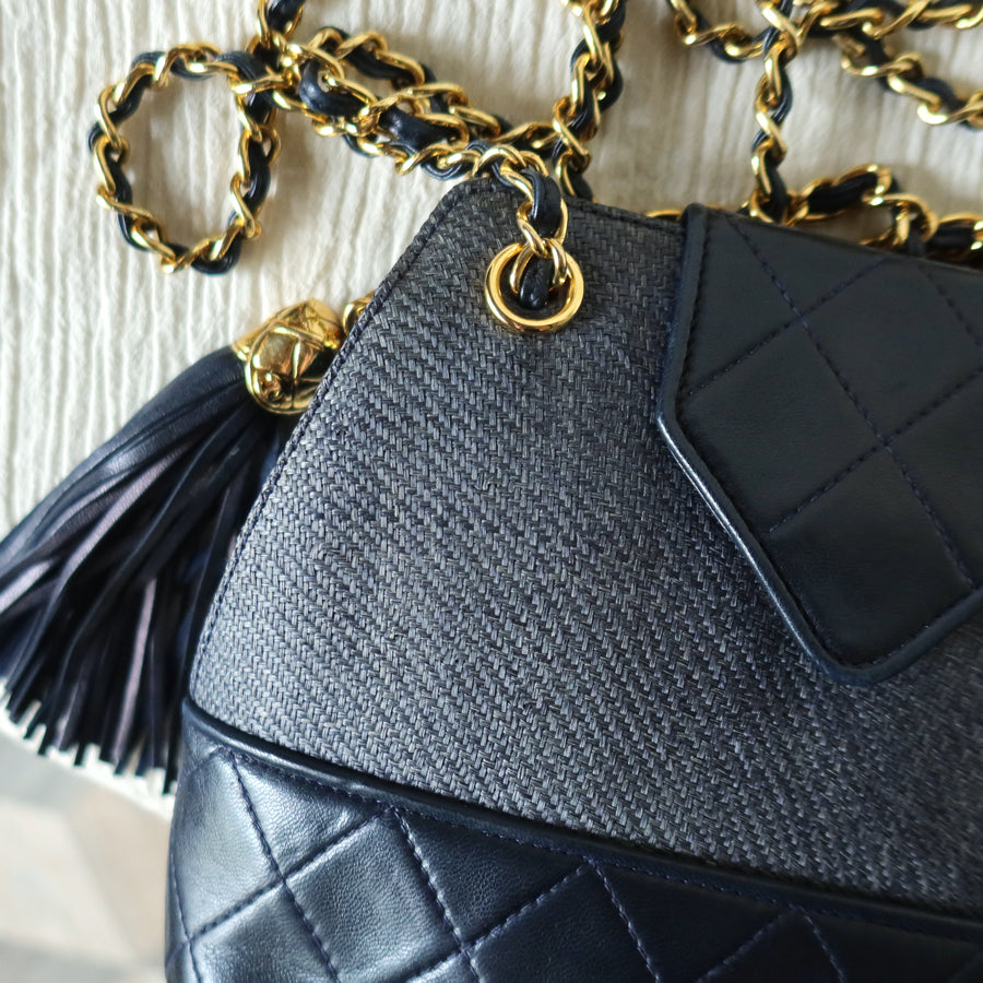 Vintage Chanel Dark Navy Lambskin Raffia Woven Diamond stitched CC mark Flap Bag
