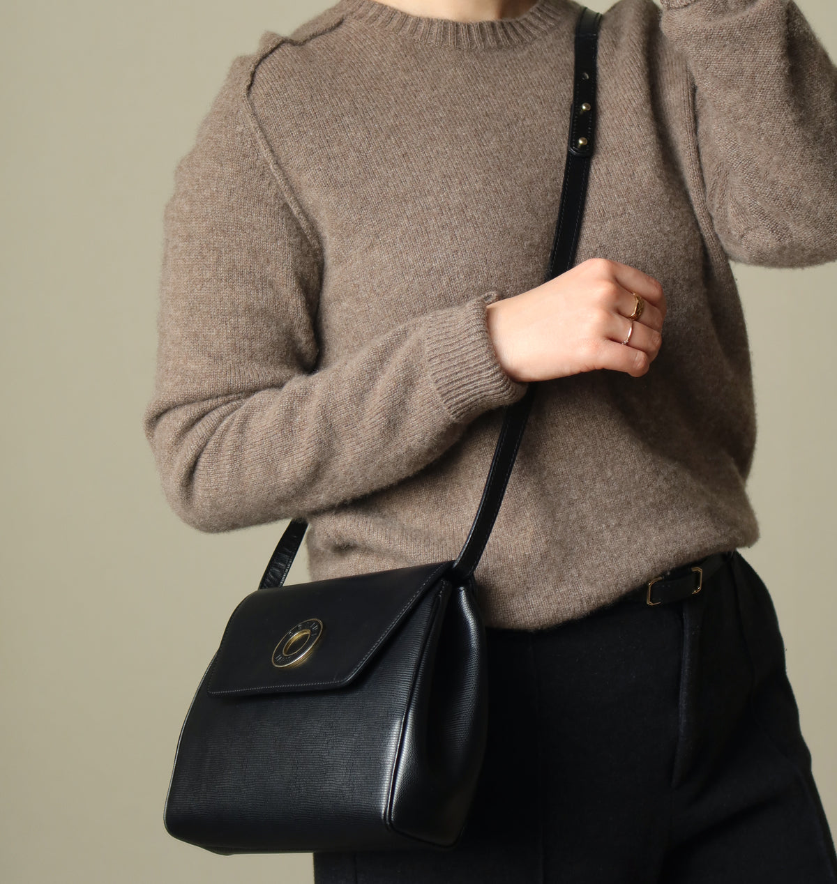 Celine Vintage Black Leather Celine Ring Logo Crossbody Shoulder Bag