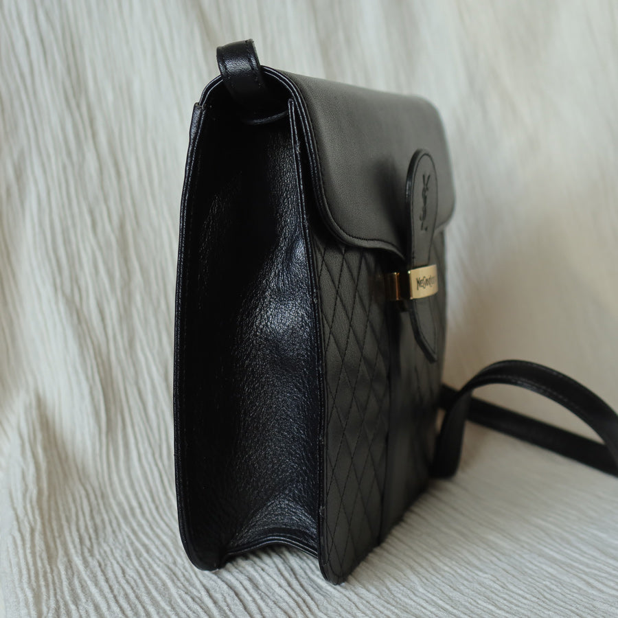 Yves Saint Laurent YSL Vintage Black Leather Quilted Gold Buckle Shoulder Flap bag