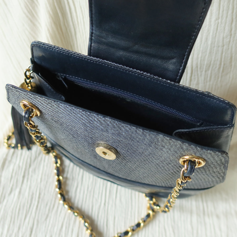 Vintage Chanel Dark Navy Lambskin Raffia Woven Diamond stitched CC mark Flap Bag