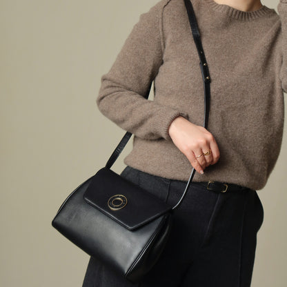 Celine Vintage Black Leather Celine Ring Logo Crossbody Shoulder Bag
