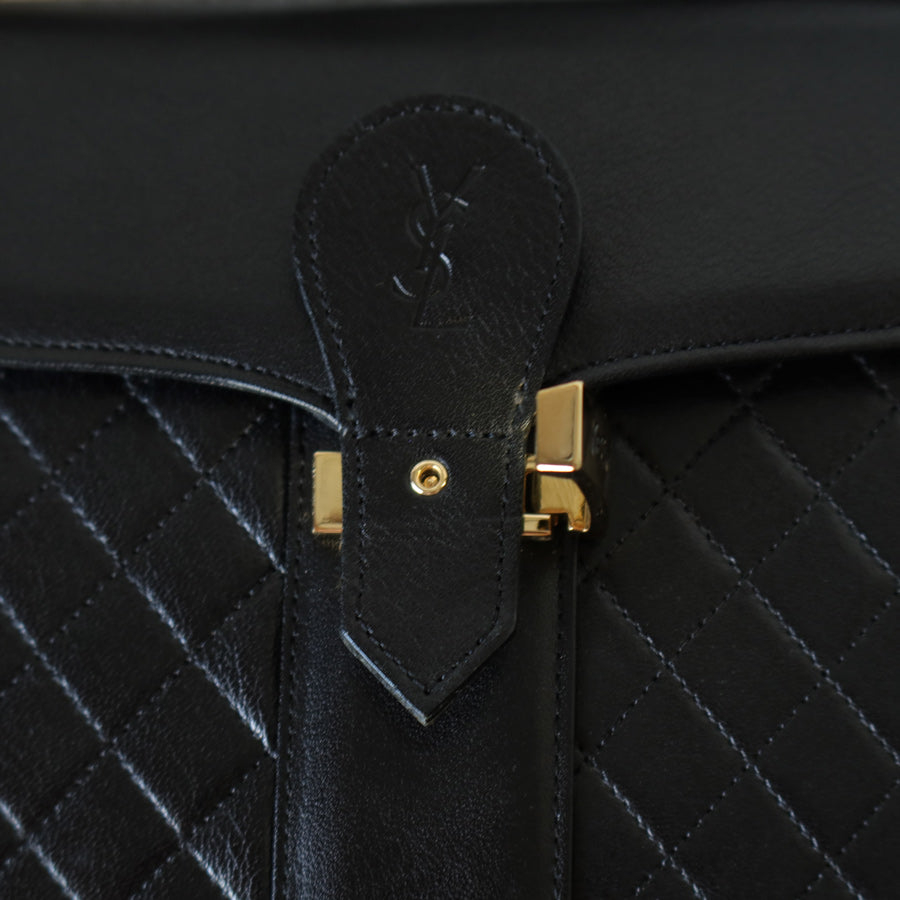 Yves Saint Laurent YSL Vintage Black Leather Quilted Gold Buckle Shoulder Flap bag