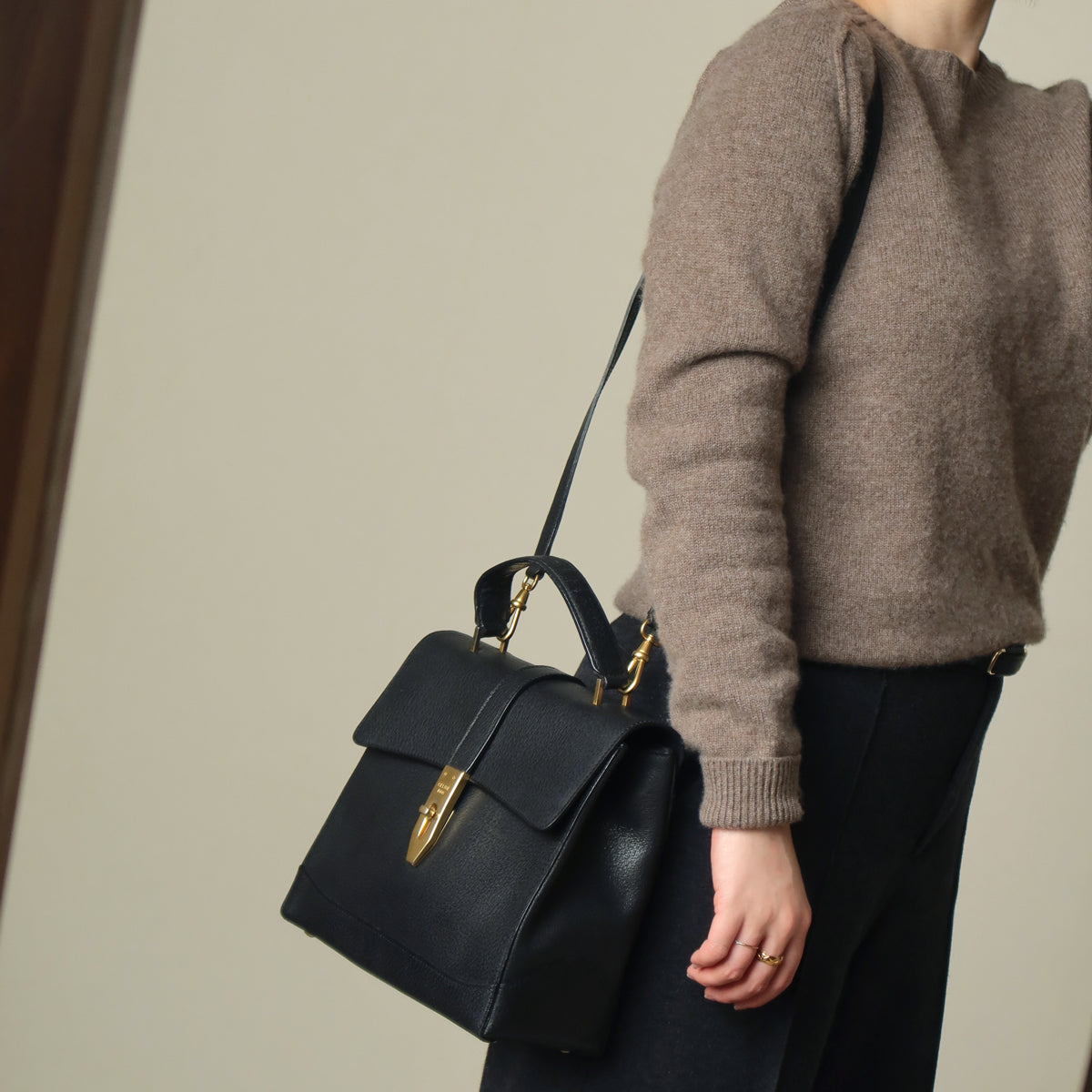 Celine Vintage Black Gold Turn lock Top Handle 2way Shoulder Flap Bag