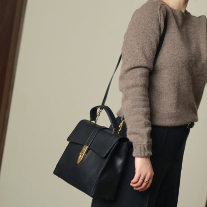 Celine Vintage Black Gold Turn lock Top Handle 2way Shoulder Flap Bag