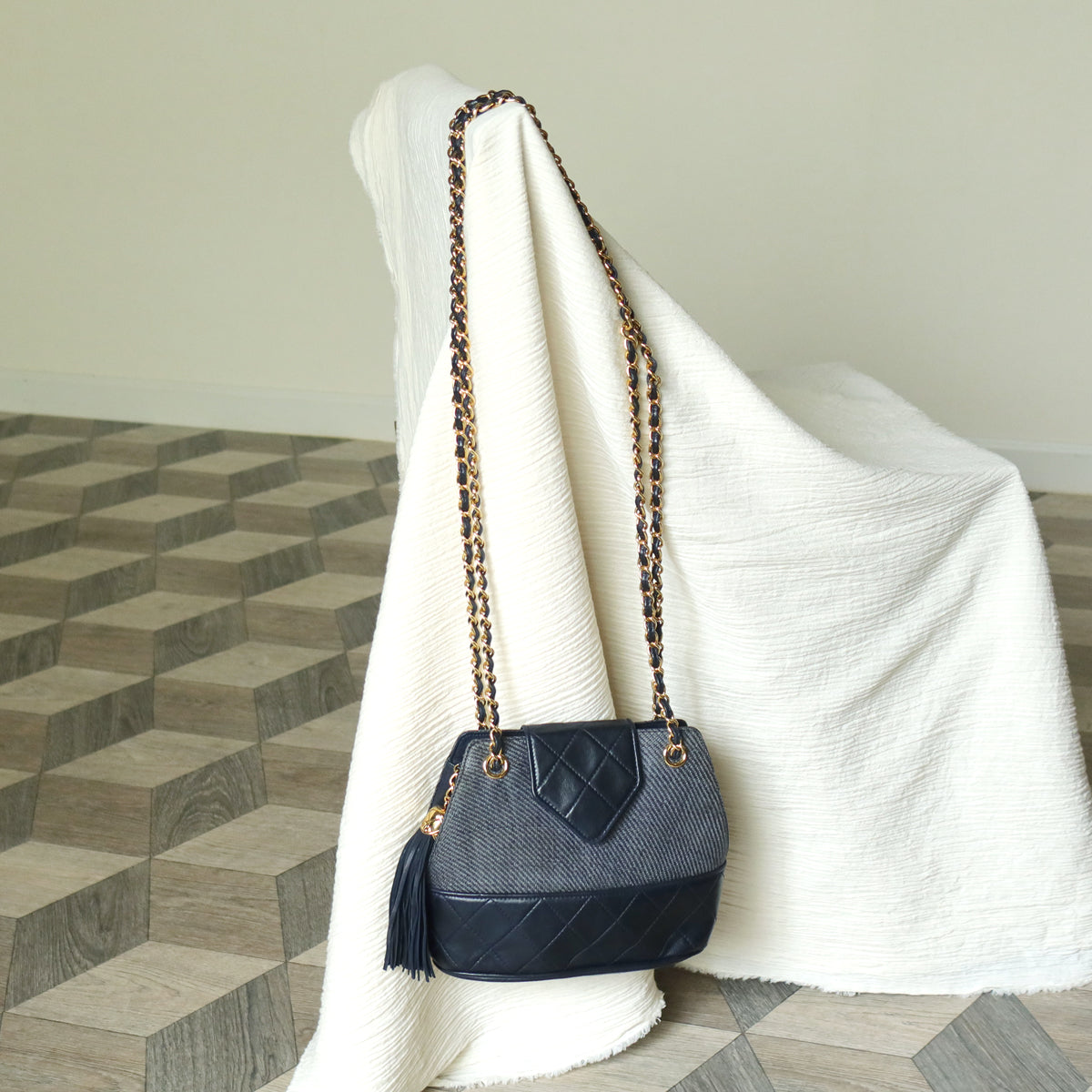 Vintage Chanel Dark Navy Lambskin Raffia Woven Diamond stitched CC mark Flap Bag