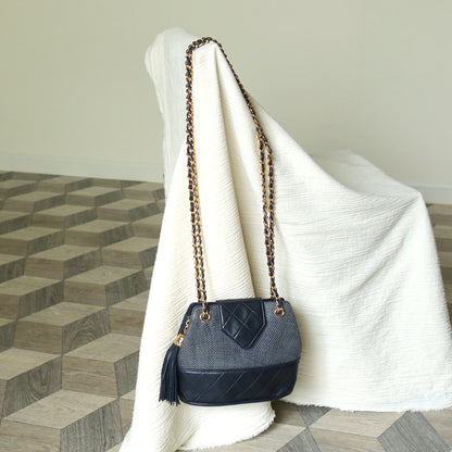 Vintage Chanel Dark Navy Lambskin Raffia Woven Diamond stitched CC mark Flap Bag