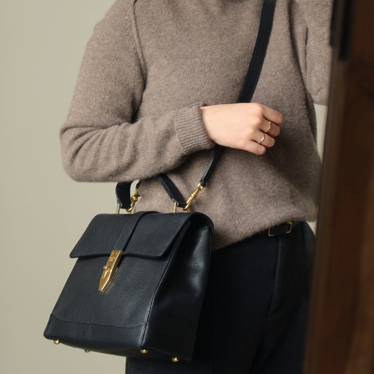 Celine Vintage Black Gold Turn lock Top Handle 2way Shoulder Flap Bag