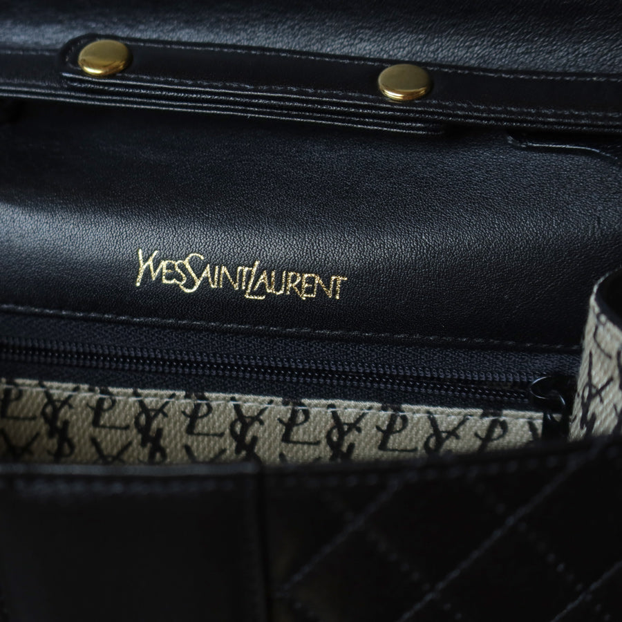 Yves Saint Laurent YSL Vintage Black Leather Quilted Gold Buckle Shoulder Flap bag