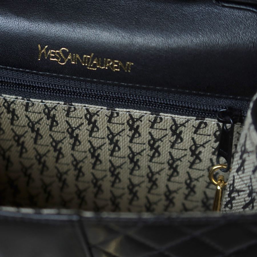 Yves Saint Laurent YSL Vintage Black Leather Quilted Gold Buckle Shoulder Flap bag