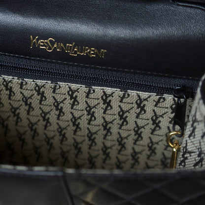 Yves Saint Laurent YSL Vintage Black Leather Quilted Gold Buckle Shoulder Flap bag