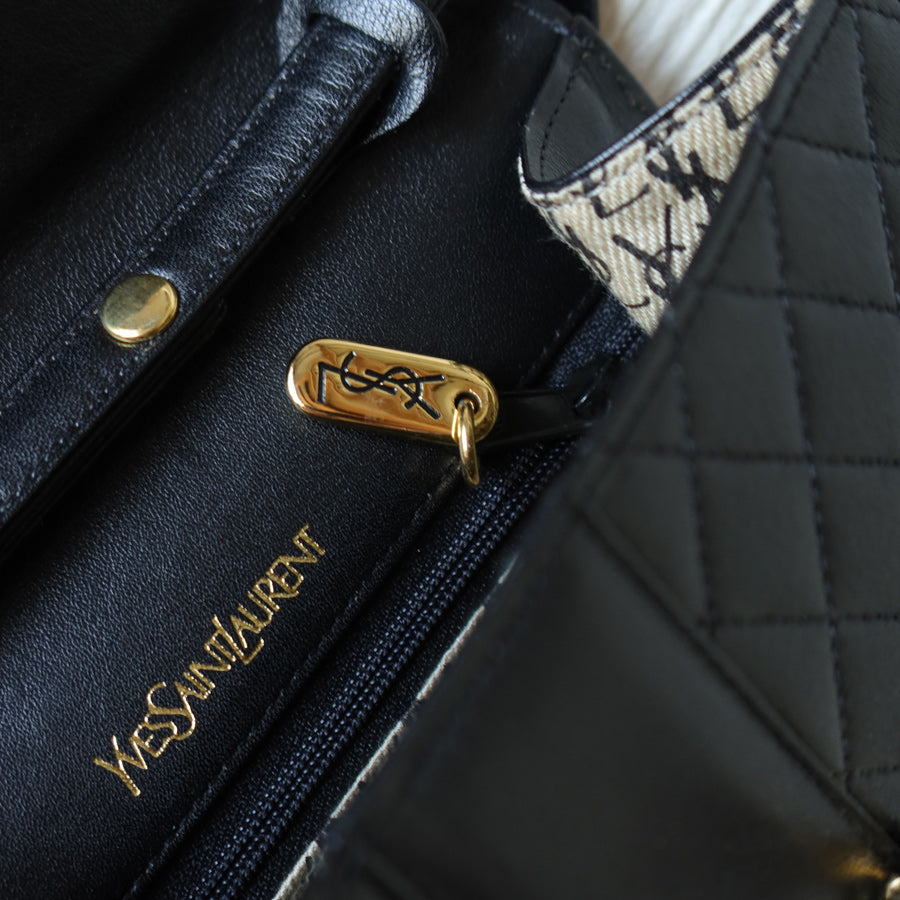 Yves Saint Laurent YSL Vintage Black Leather Quilted Gold Buckle Shoulder Flap bag
