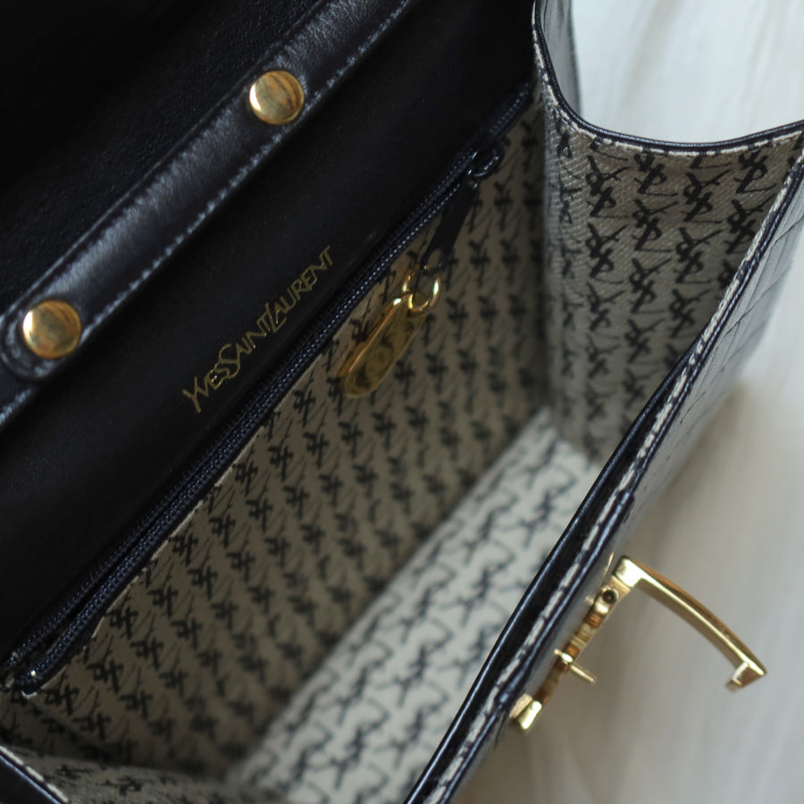 Yves Saint Laurent YSL Vintage Black Leather Quilted Gold Buckle Shoulder Flap bag