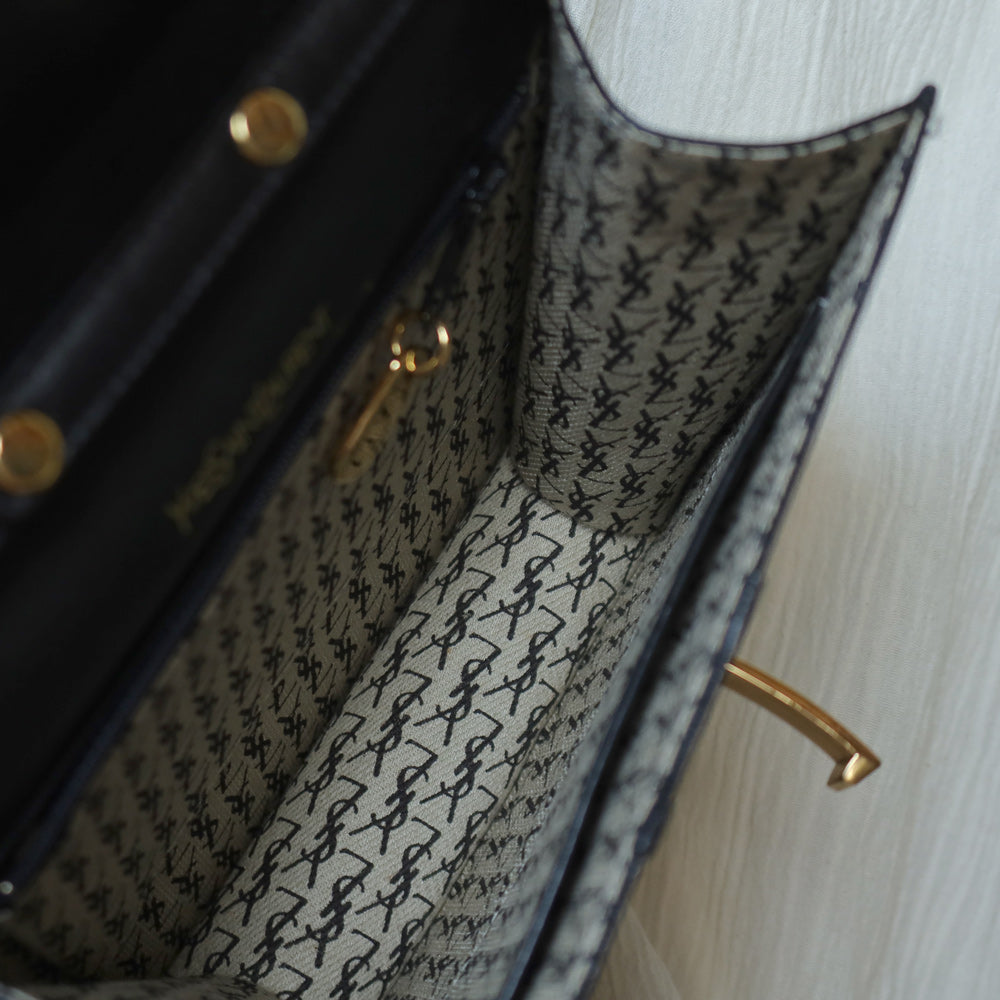 Yves Saint Laurent YSL Vintage Black Leather Quilted Gold Buckle Shoulder Flap bag