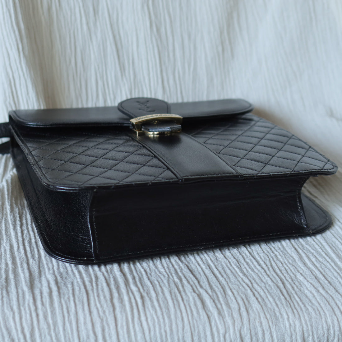 Yves Saint Laurent YSL Vintage Black Leather Quilted Gold Buckle Shoulder Flap bag