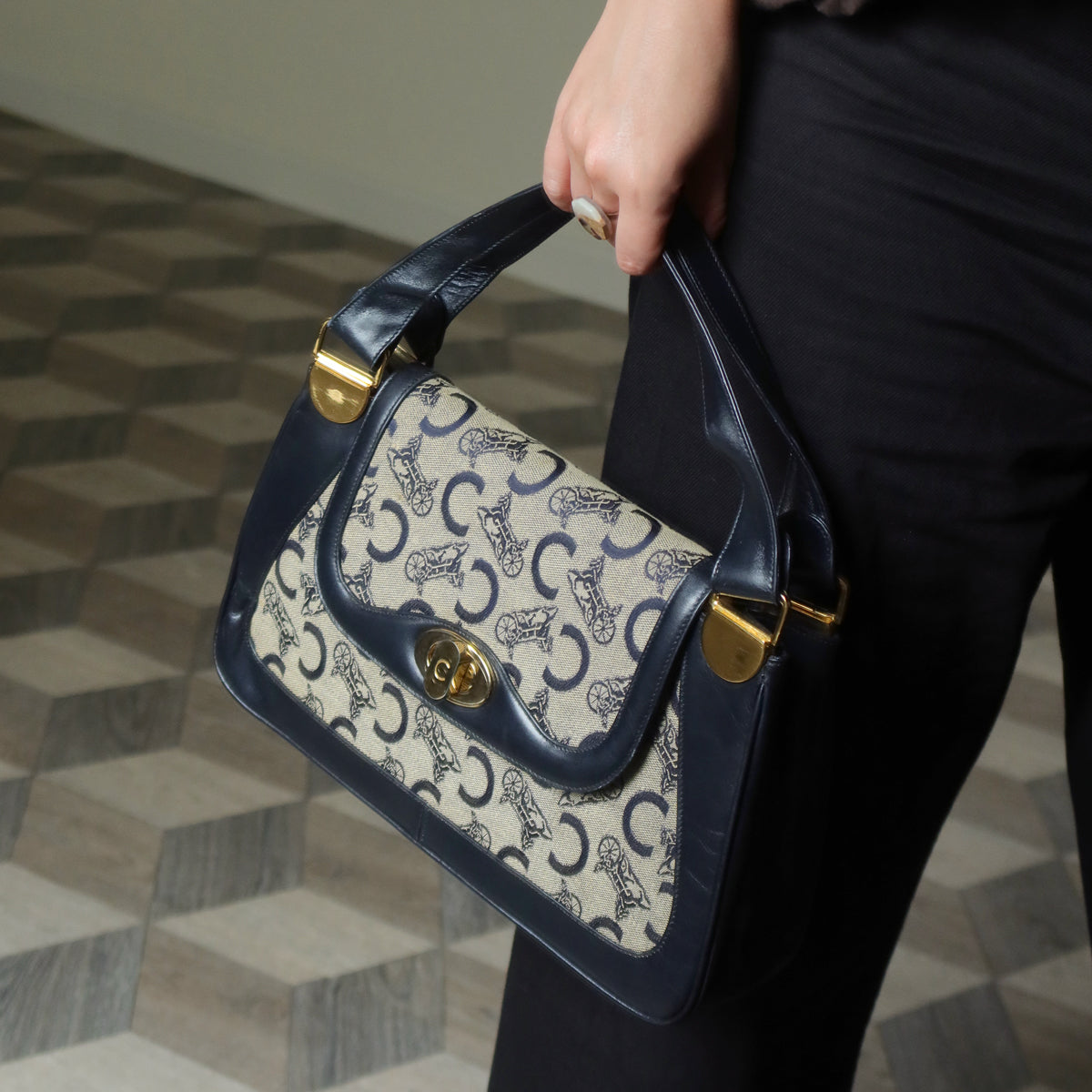 Celine Vintage Dark Navy Triomphe Horse Carriage C Sulky Top Handle Hand Bag