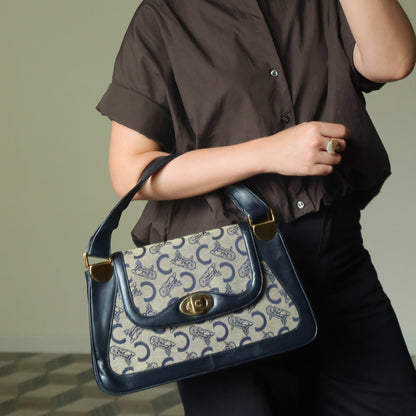 Celine Vintage Dark Navy Triomphe Horse Carriage C Sulky Top Handle Hand Bag