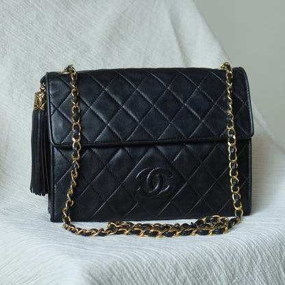Chanel Vintage Black Lambskin Tassel Quilted CC mark 3way Classic Flap Bag