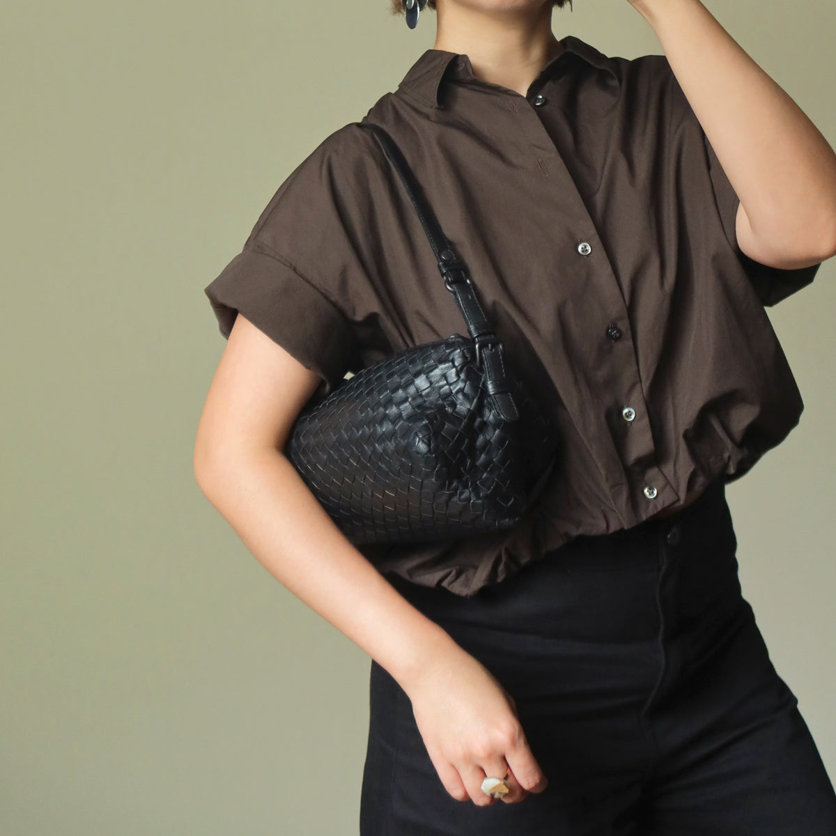 Bottega Veneta Vintage Black Intrecciato Leather Rhombus Shoulder Bag
