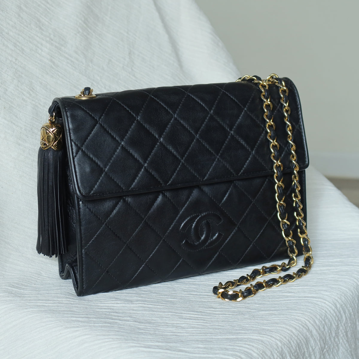 Chanel Vintage Black Lambskin Tassel Quilted CC mark 3way Classic Flap Bag