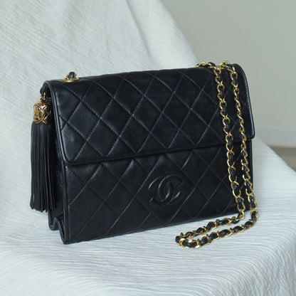 Chanel Vintage Black Lambskin Tassel Quilted CC mark 3way Classic Flap Bag