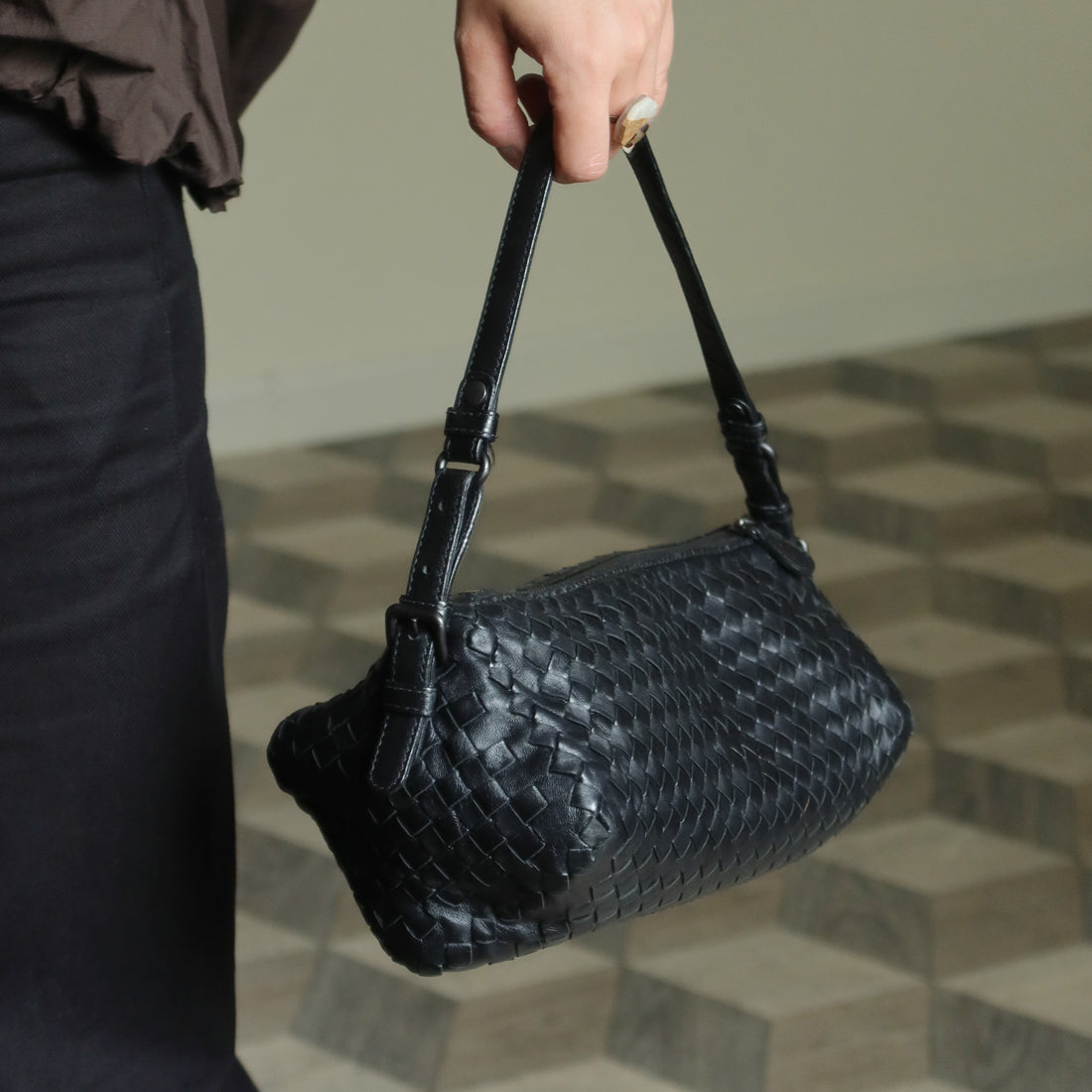 Bottega Veneta Vintage Black Intrecciato Leather Rhombus Shoulder Bag
