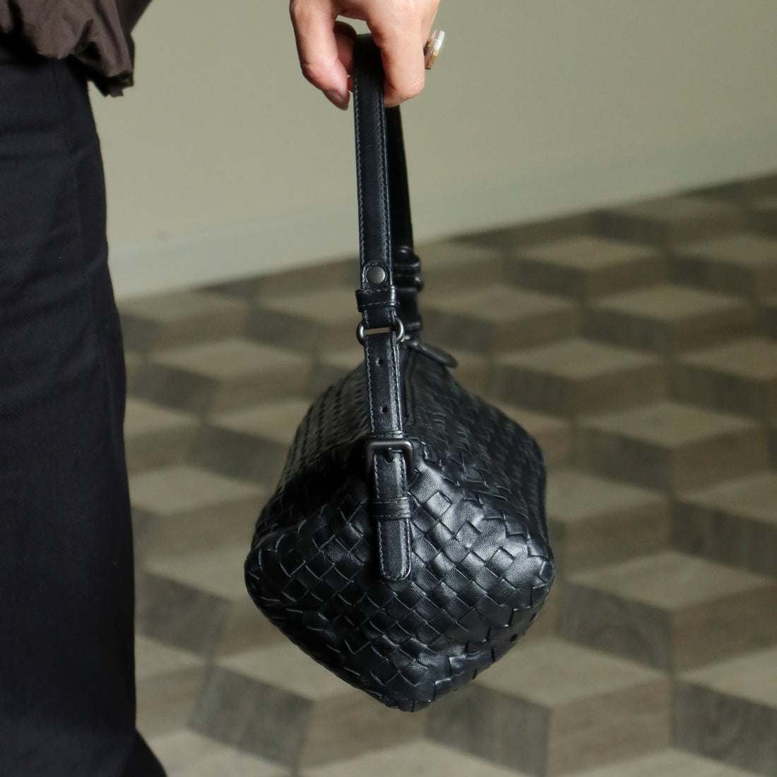 Bottega Veneta Vintage Black Intrecciato Leather Rhombus Shoulder Bag
