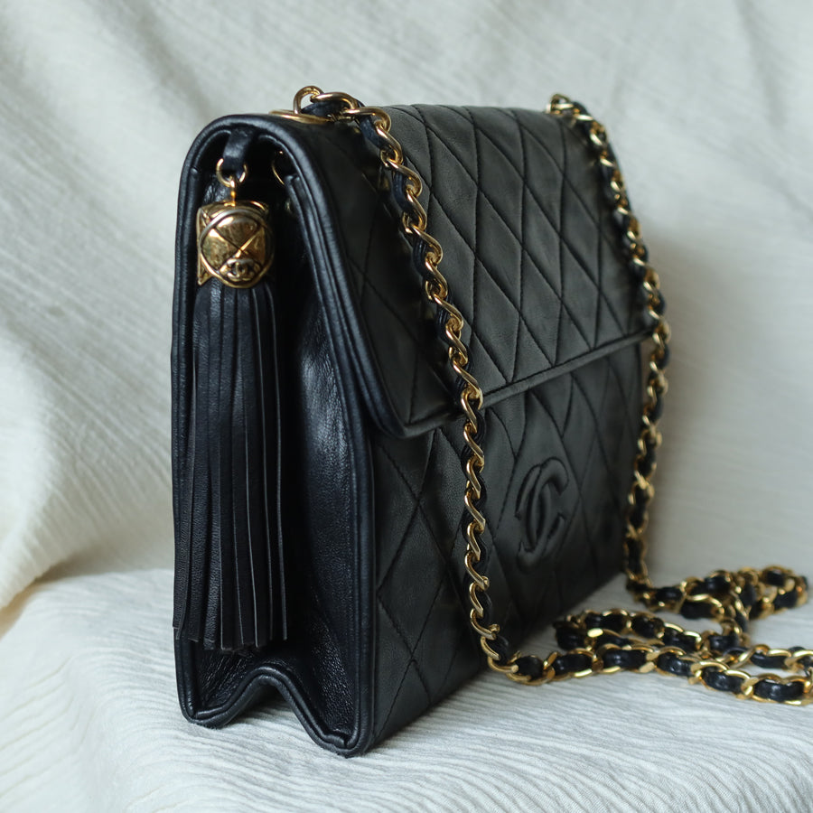 Chanel Vintage Black Lambskin Tassel Quilted CC mark 3way Classic Flap Bag