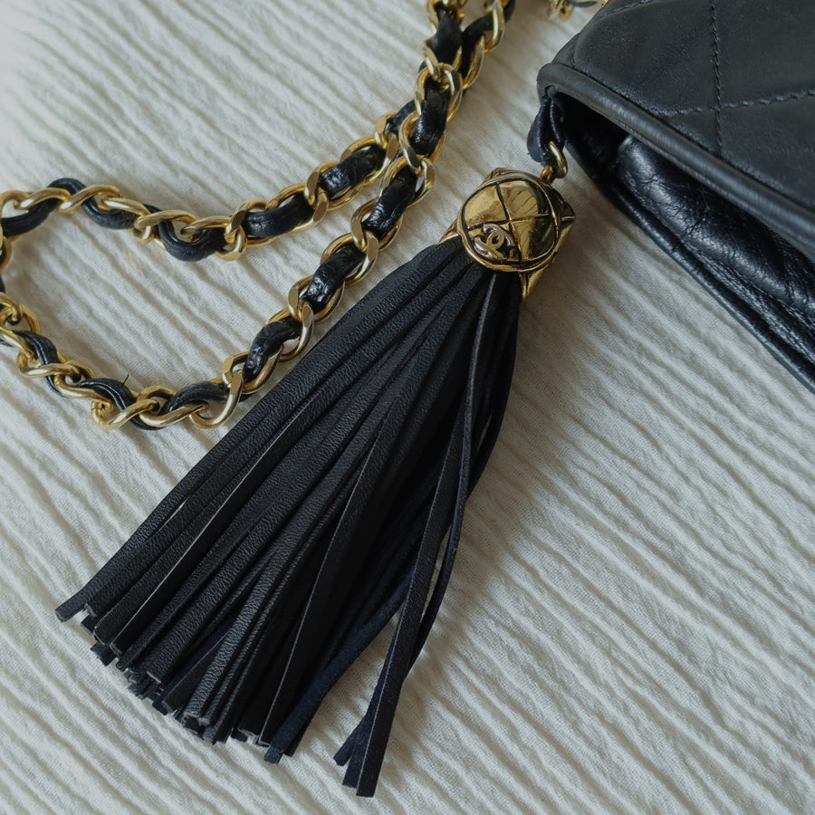 Chanel Vintage Black Lambskin Tassel Quilted CC mark 3way Classic Flap Bag