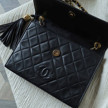 Chanel Vintage Black Lambskin Tassel Quilted CC mark 3way Classic Flap Bag