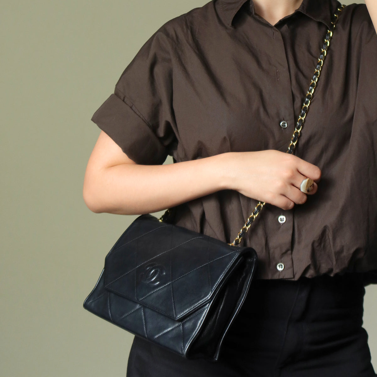 Chanel Vintage Black Lambskin Matelasse CC mark Diamond Quilted Flap Bag