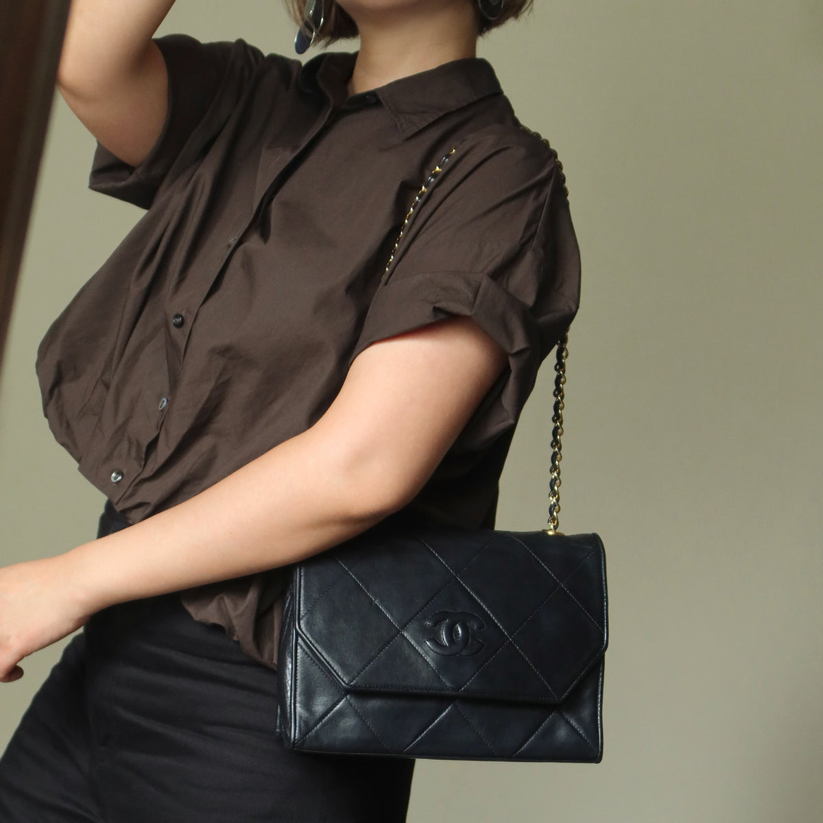 Chanel Vintage Black Lambskin Matelasse CC mark Diamond Quilted Flap Bag