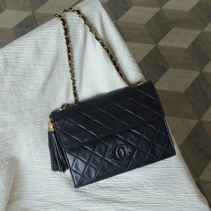 Chanel Vintage Black Lambskin Tassel Quilted CC mark 3way Classic Flap Bag