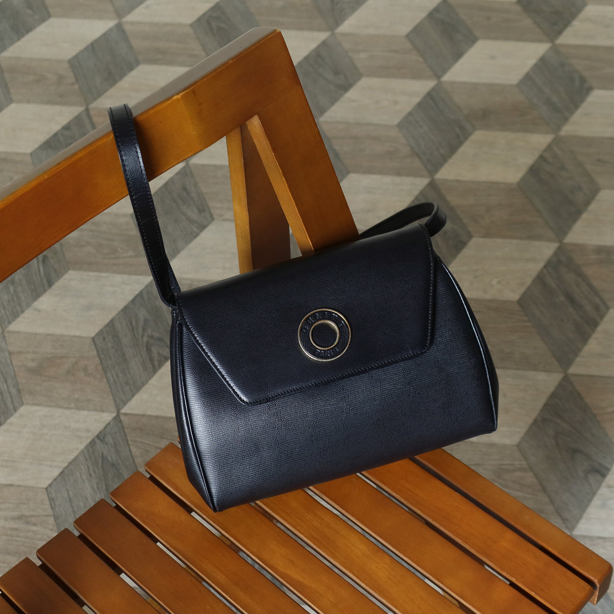 Celine Vintage Black Leather Celine Ring Logo Crossbody Shoulder Bag