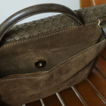 Rare Bottega Veneta Vintage Olive Brown Intrecciato Kiss Lock Half Moon Hobo Bag