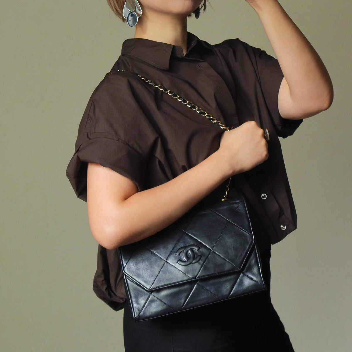 Chanel Vintage Black Lambskin Matelasse CC mark Diamond Quilted Flap Bag