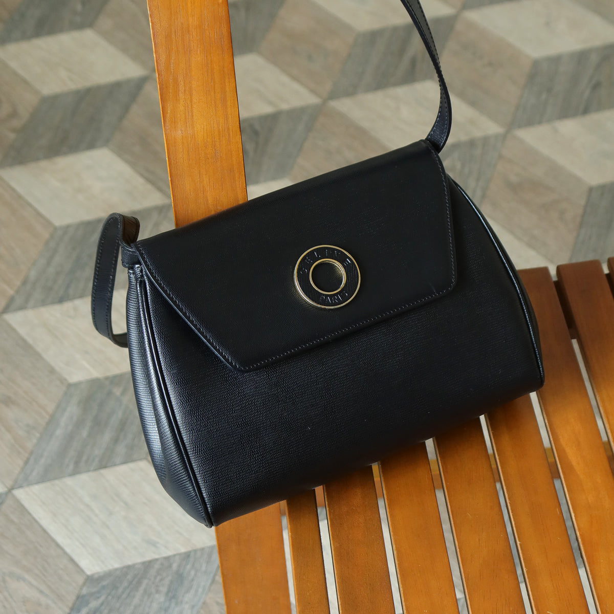 Celine Vintage Black Leather Celine Ring Logo Crossbody Shoulder Bag