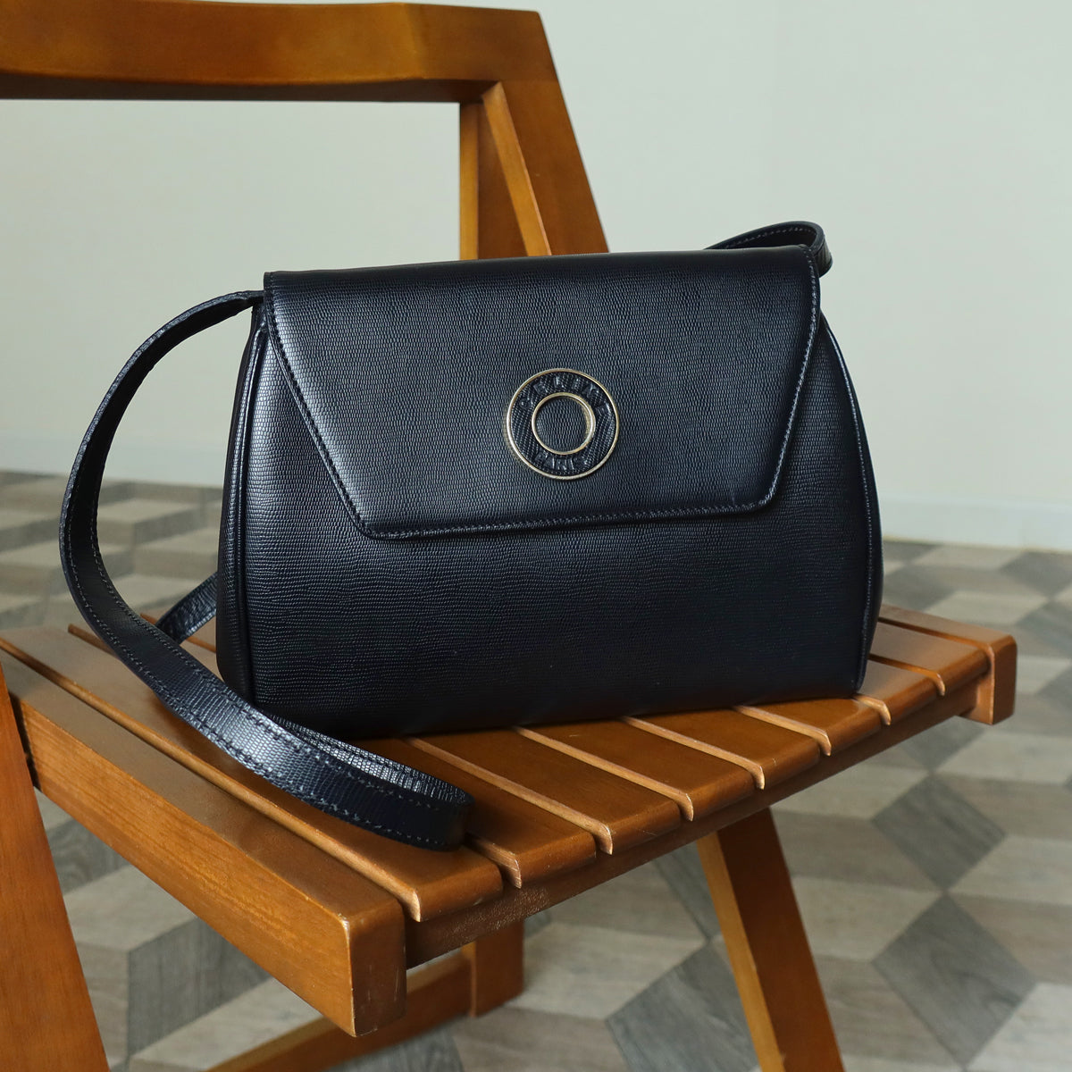 Celine Vintage Black Leather Celine Ring Logo Crossbody Shoulder Bag