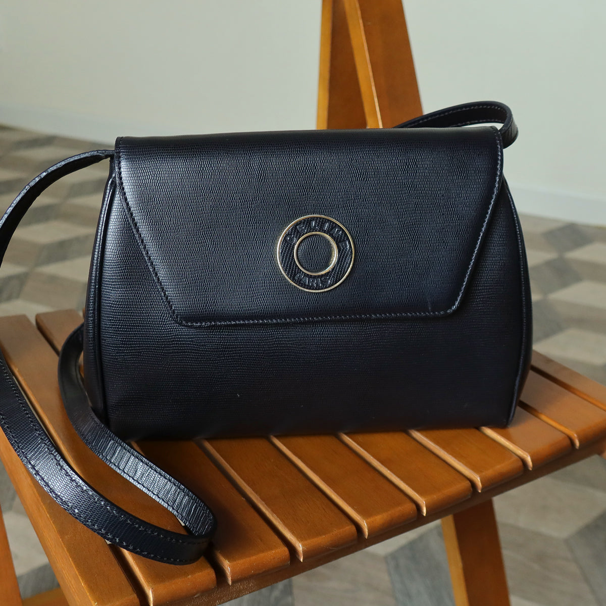 Celine Vintage Black Leather Celine Ring Logo Crossbody Shoulder Bag