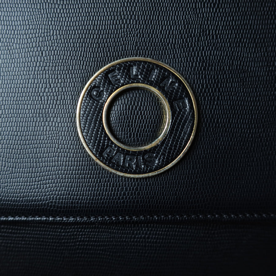 Celine Vintage Black Leather Celine Ring Logo Crossbody Shoulder Bag